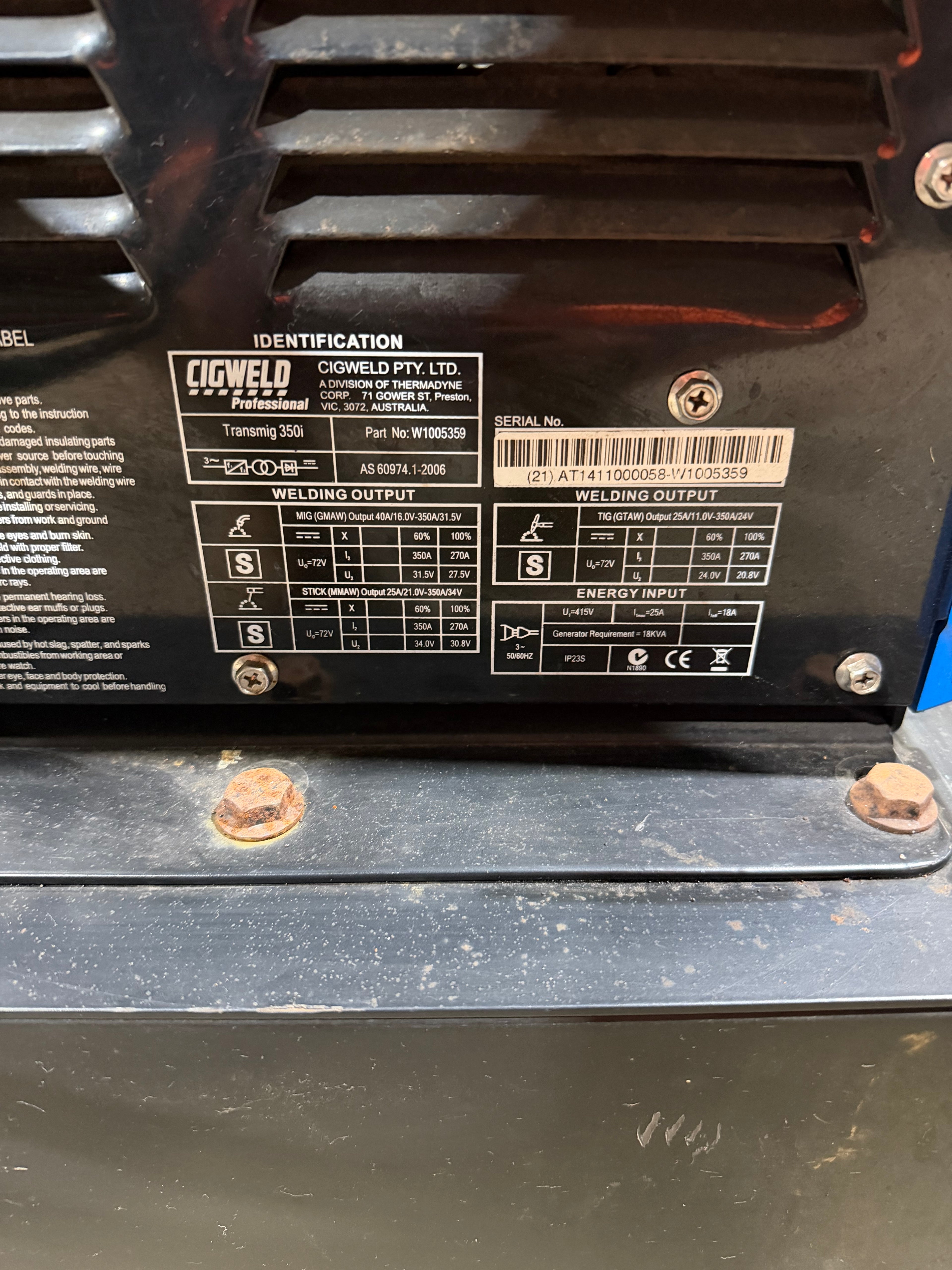 CIGWELD TRANSMIG 350i – 3‑Phase MIG / TIG / STICK Welder